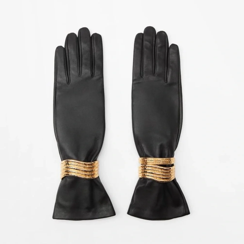 Zara Black Leather Gloves with Gold Cuff